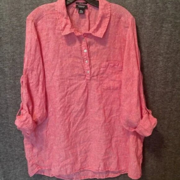 Jones & Co Top Tunic Womens Plus 2X Pink Linen‎ Roll Tab Sleeve Shirt Lagenlook - Picture 1 of 8
